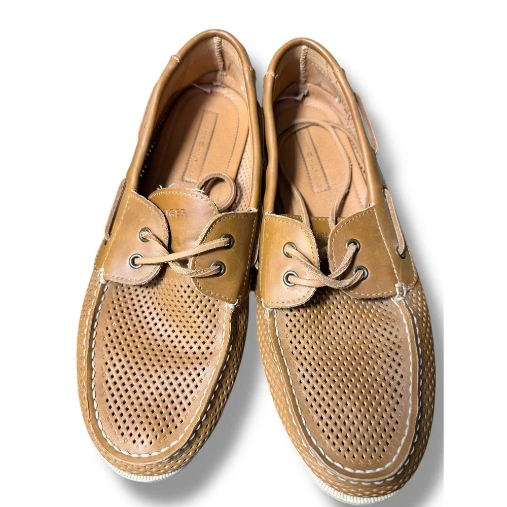 Tommy Hilfiger Mens Leather Perforated Boat Shoes Tan Size 13 BOWMAN